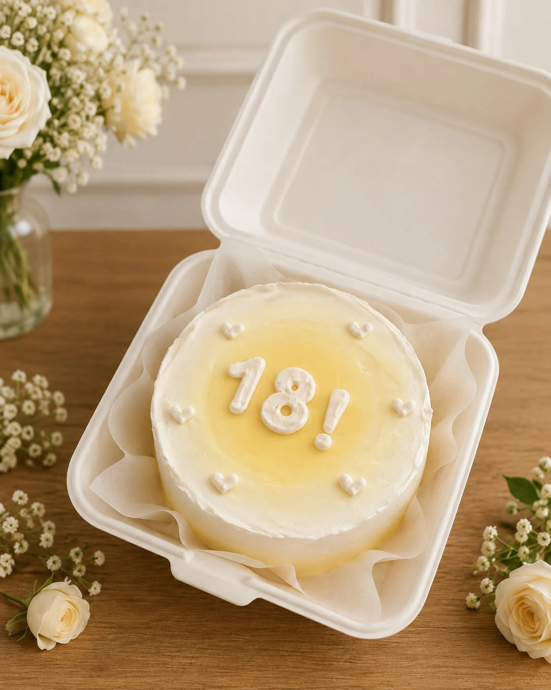 Round single-tier pastel yellow glaze bento cake with 18 milestone piping and heart accents in clamshell box
