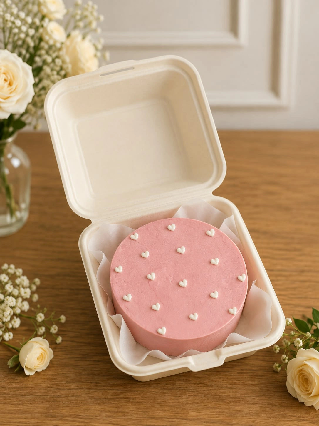Pastel pink single-tier bento cake in lunchbox container adorned with repeating miniature white piped hearts
