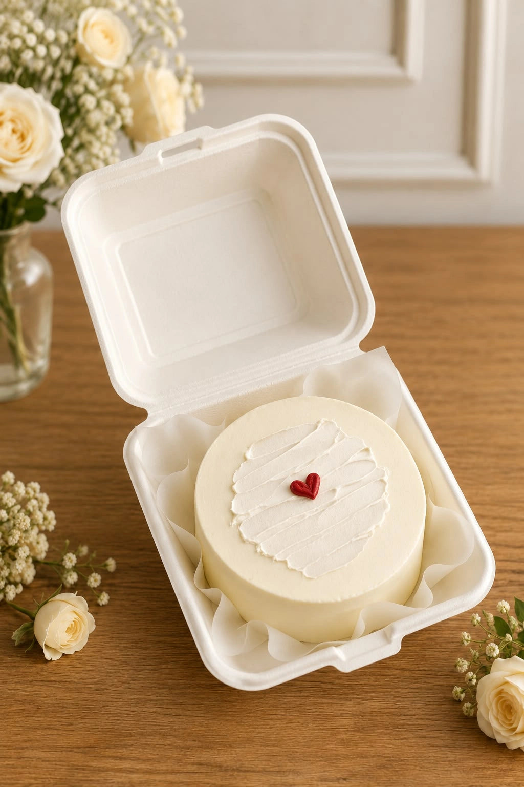 Modern minimalist ivory bento cake in clamshell container with textured spatula swipe and single red heart