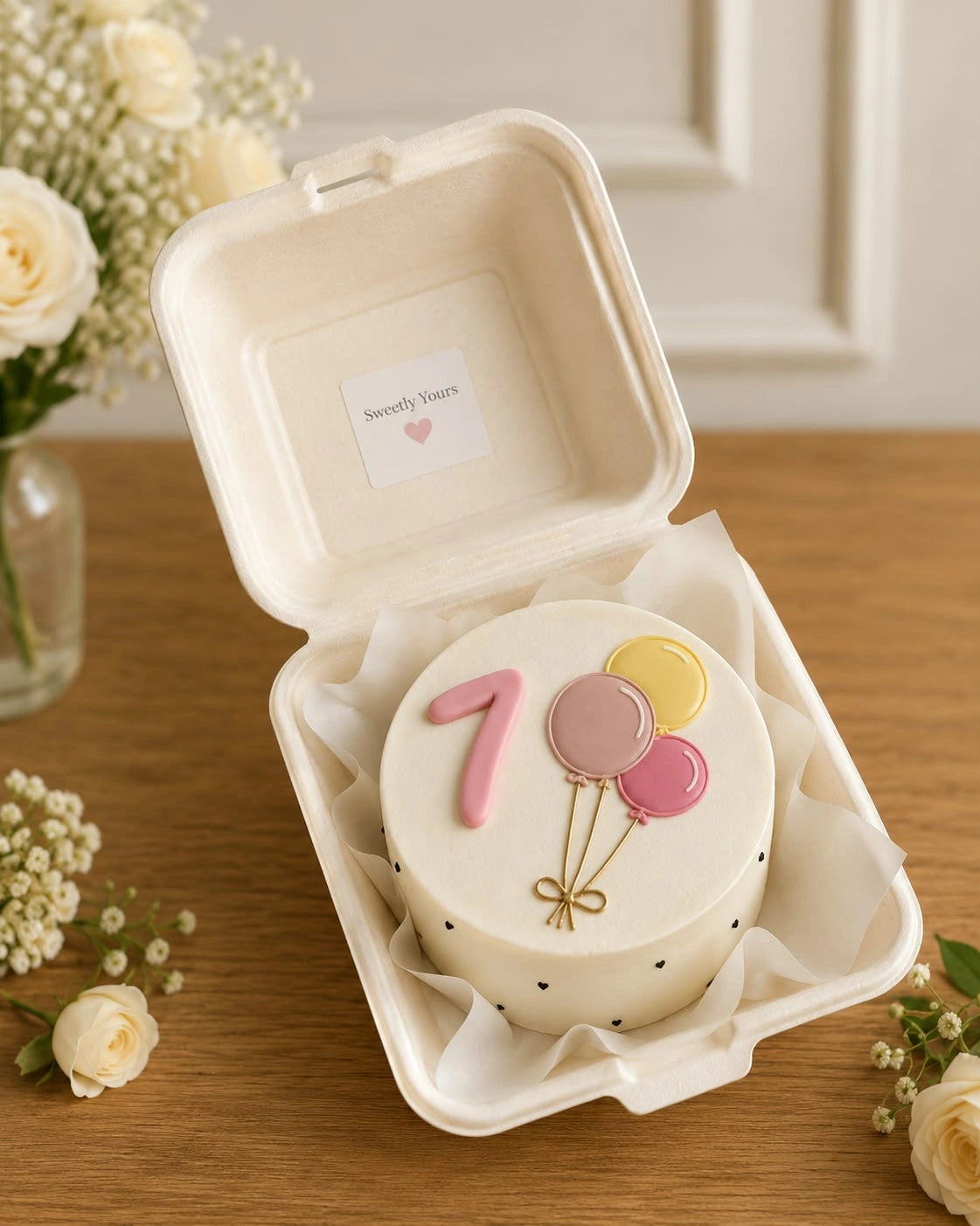 Ivory bento cake in clamshell packaging featuring piped number 1 and bundle of pastel balloon illustrations