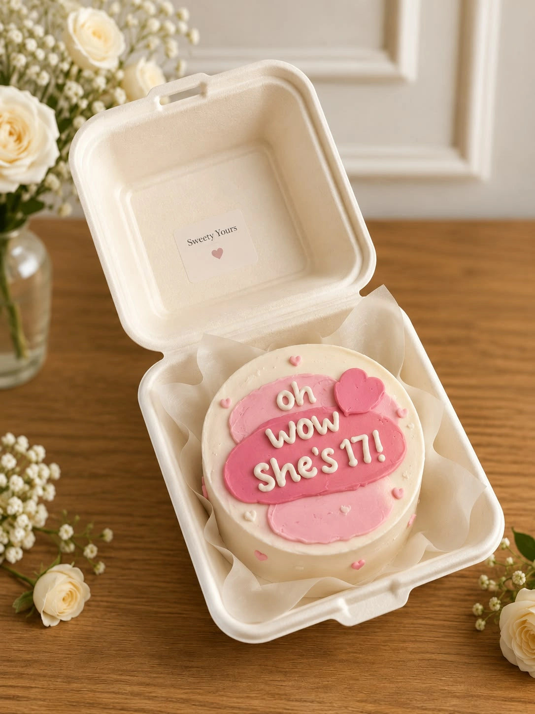 Pink and ivory bento cake in clamshell container with bold oh wow She's 17 lettering and heart accents