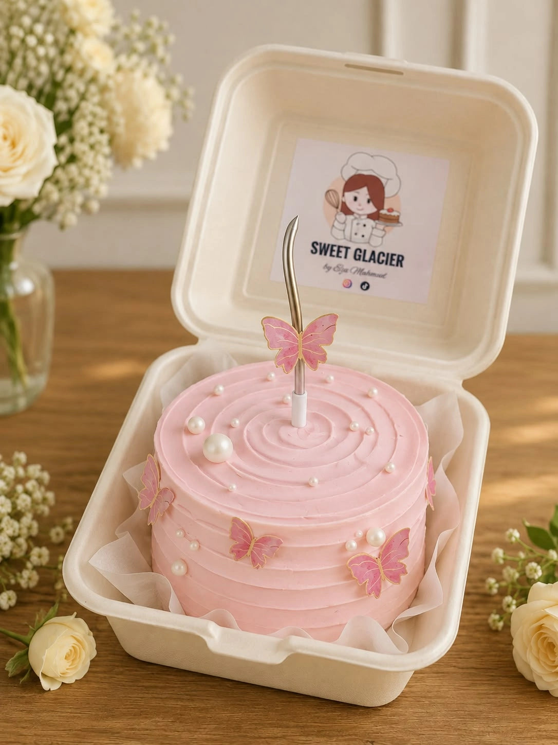 Pastel pink swirl bento cake in lunchbox container adorned with wafer butterflies, edible pearls, and candle topper