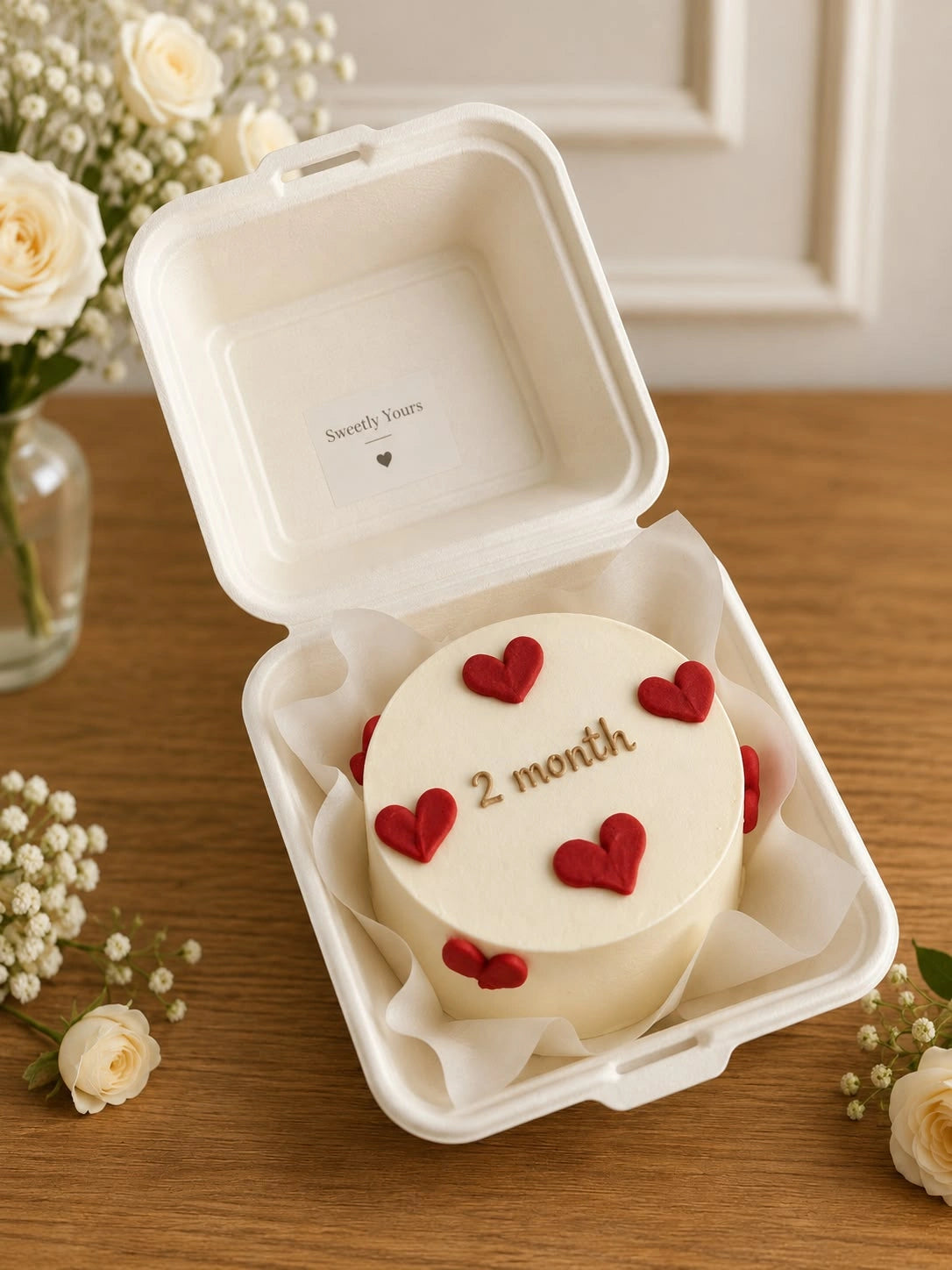 Ivory bento cake in clamshell box with 2 month milestone script surrounded by dimensional red hearts