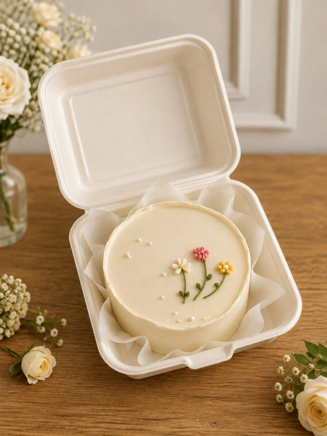 Ivory bento cake in lunchbox container decorated with three delicate piped garden wildflowers and pearl accents