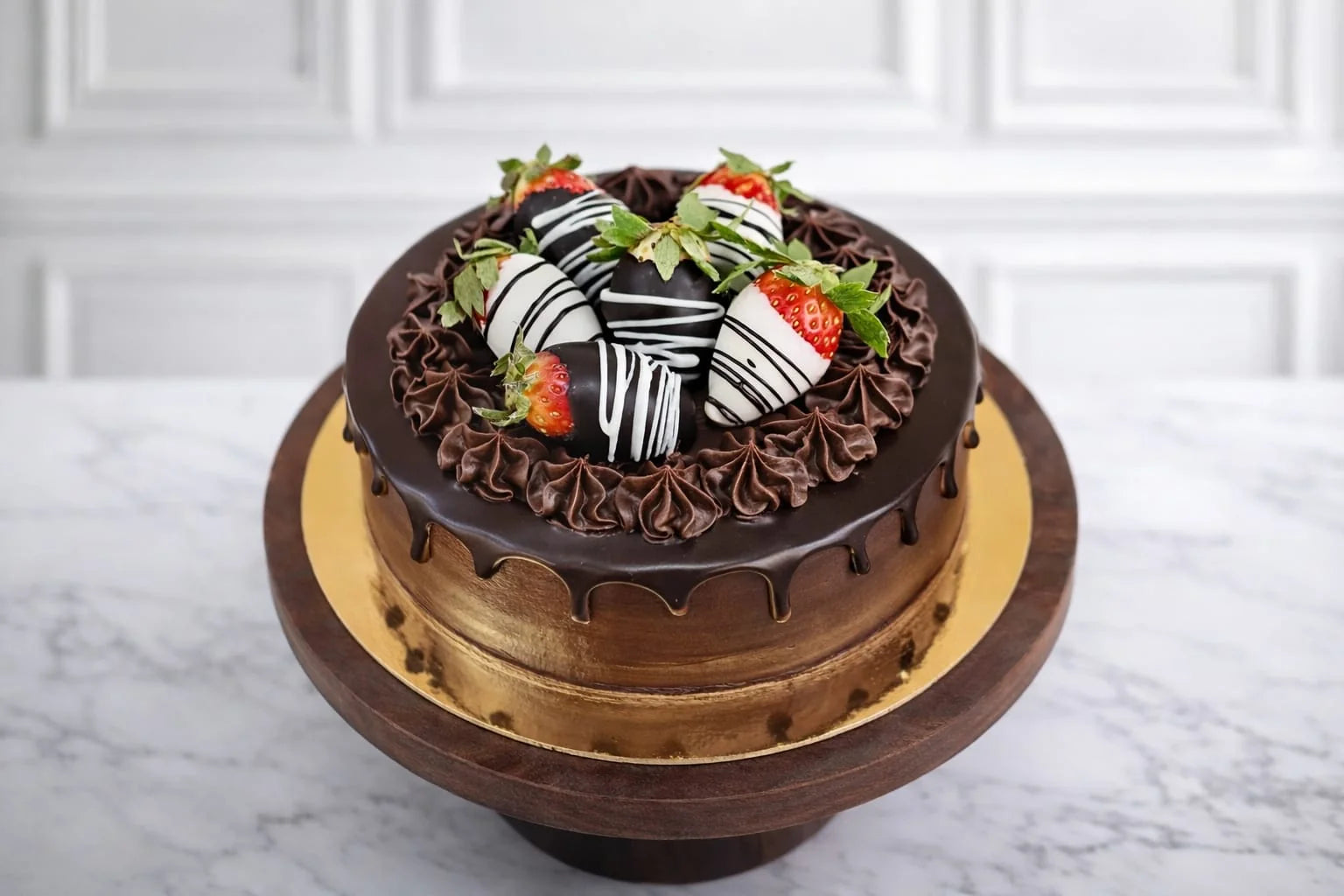 Chocolate cake with strawberries on a marble surface