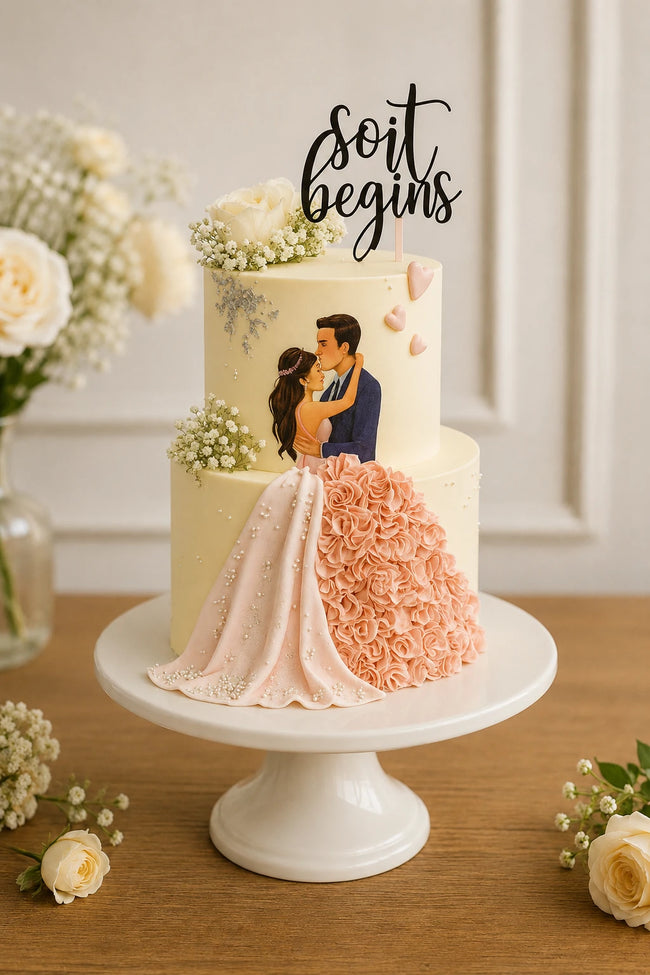 Two-Tier Engagement Couple With Dress Theme Cake