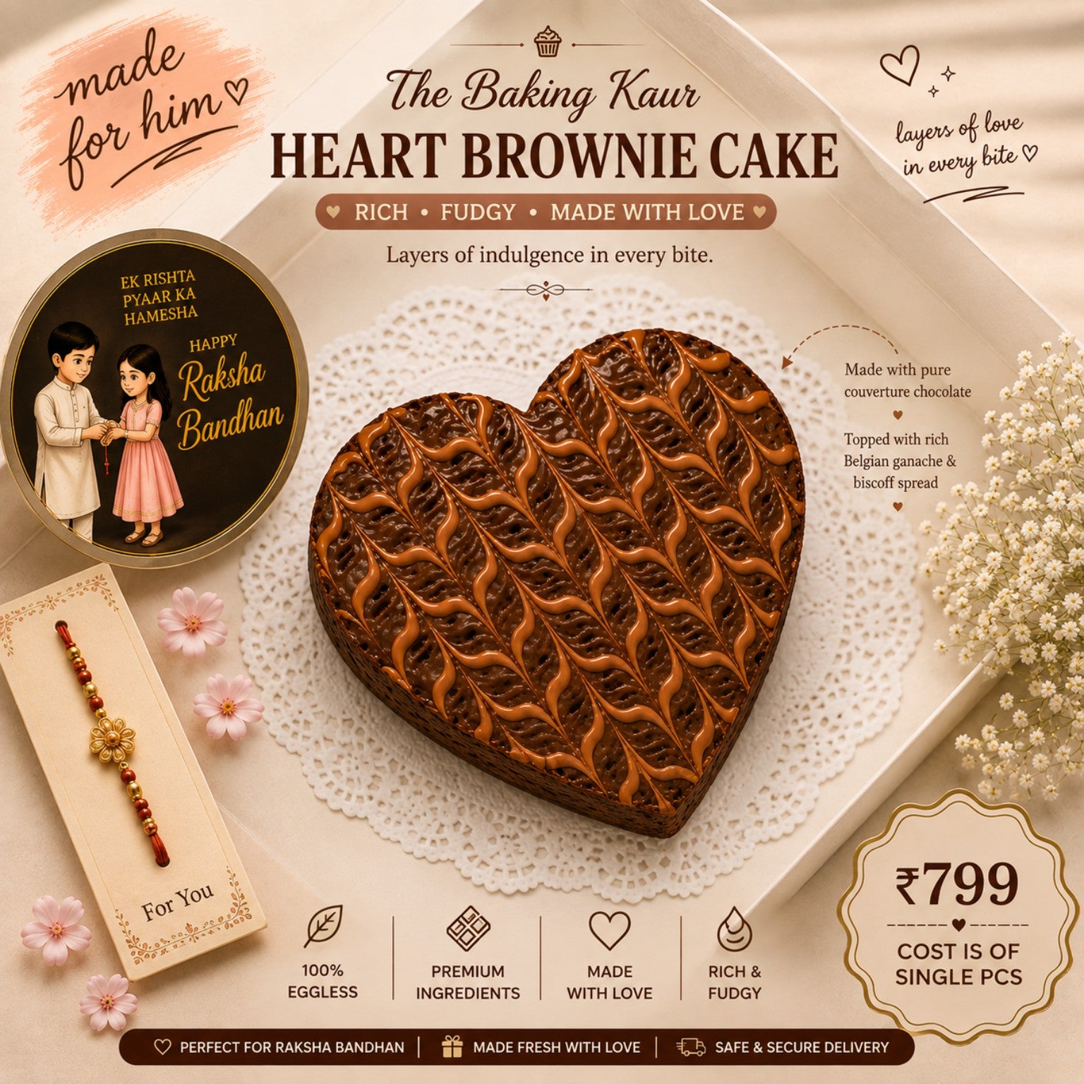 Heart Brownie Cake with Biscoff and chocolate for Raksha Bandhan by The Baking Kaur, Meerut