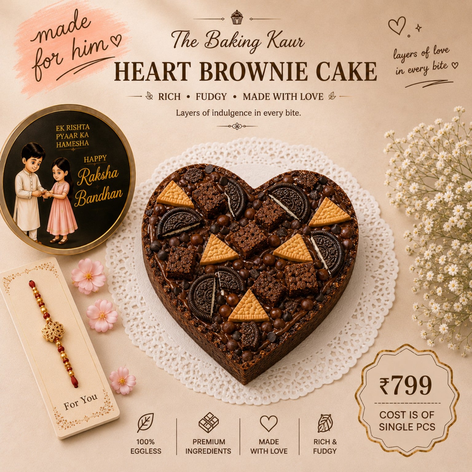 Loaded Heart Brownie Cake with chocolate cookies and brownies for Raksha Bandhan by The Baking Kaur, Meerut