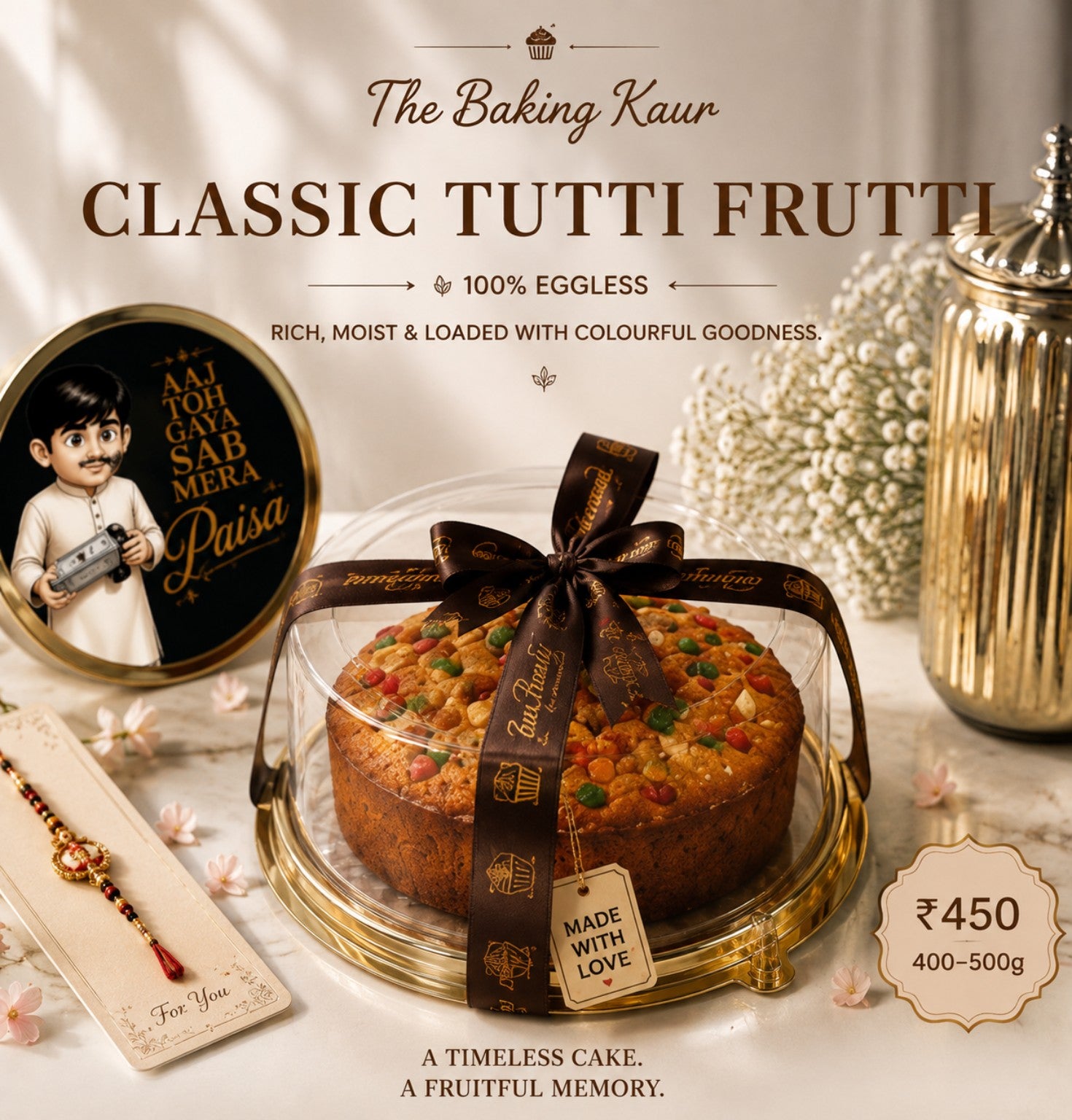 Classic Tutti Frutti Eggless Tea Cake 400–500g Rakhi gift in Meerut - The Baking Kaur