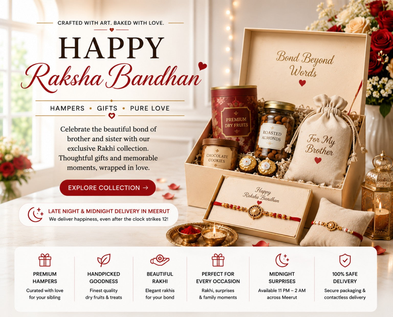Happy Raksha Bandhan premium hampers and Rakhi gifts in Meerut by The Baking Kaur
