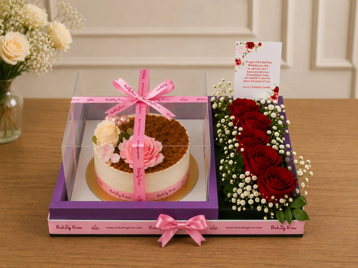 Royal Rose & Gourmet Cake Celebration Hamper handcrafted luxury gift hamper by The Baking Kaur Meerut