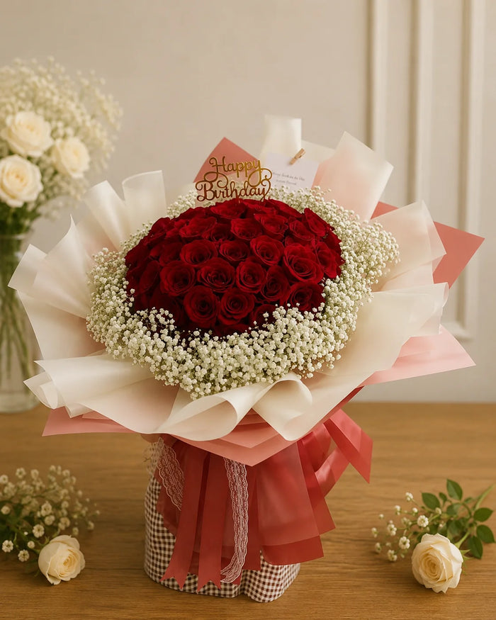 Royal Red Rose & Gypsophila Grand Birthday Bouquet