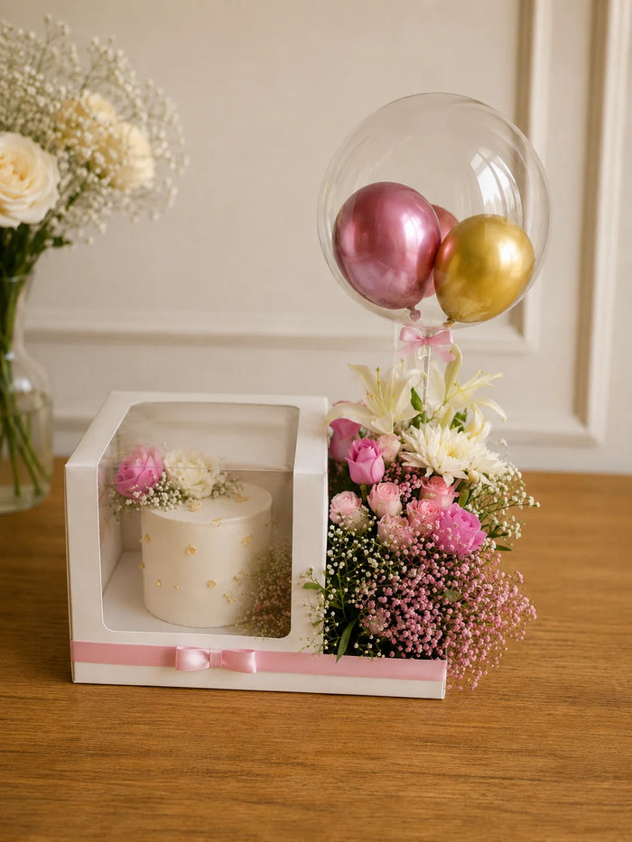 Pastel Elegance Balloon & Floral Cake Hamper