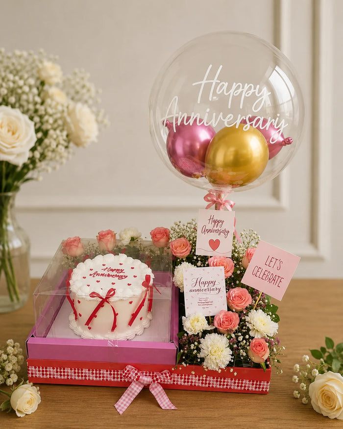 Happy Anniversary Custom Balloon & Fresh Floral Cake Hamper