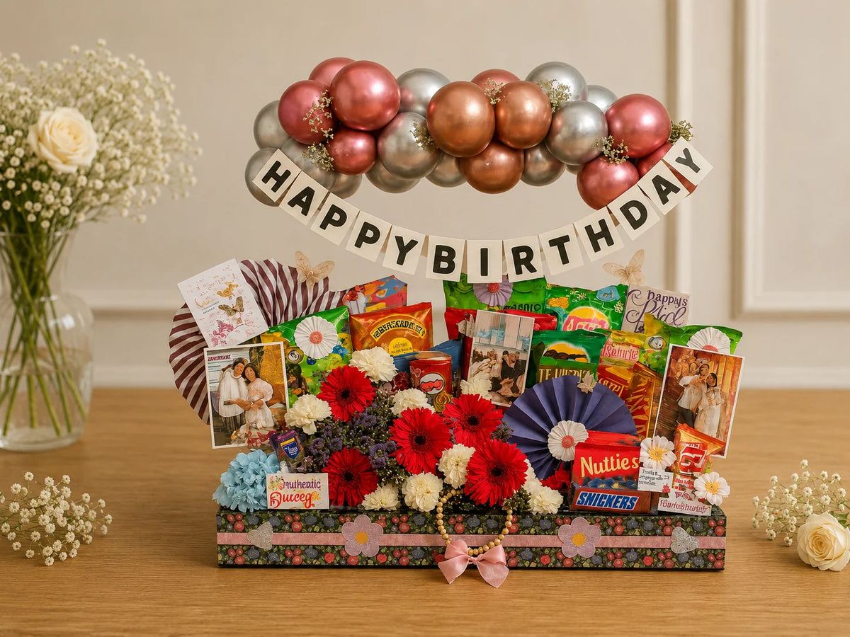 Grand Birthday Balloon & Floral Celebration Hamper handcrafted luxury gift hamper by The Baking Kaur Meerut