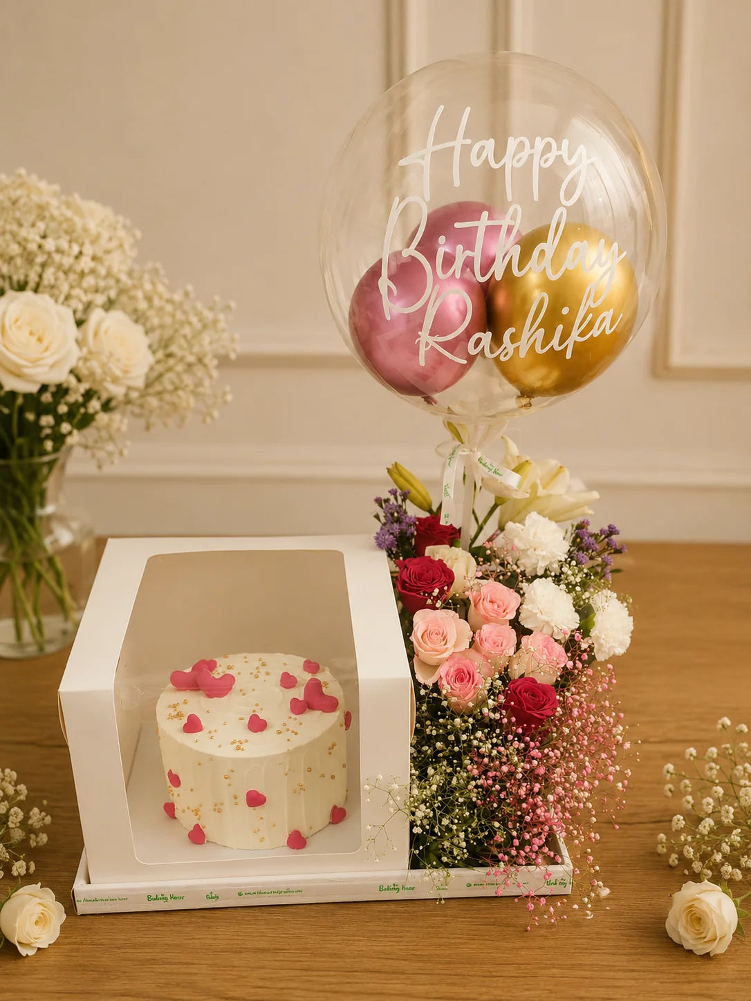 Happy Birthday Rashika Floral & Cake Balloon Hamper handcrafted luxury gift hamper by The Baking Kaur Meerut