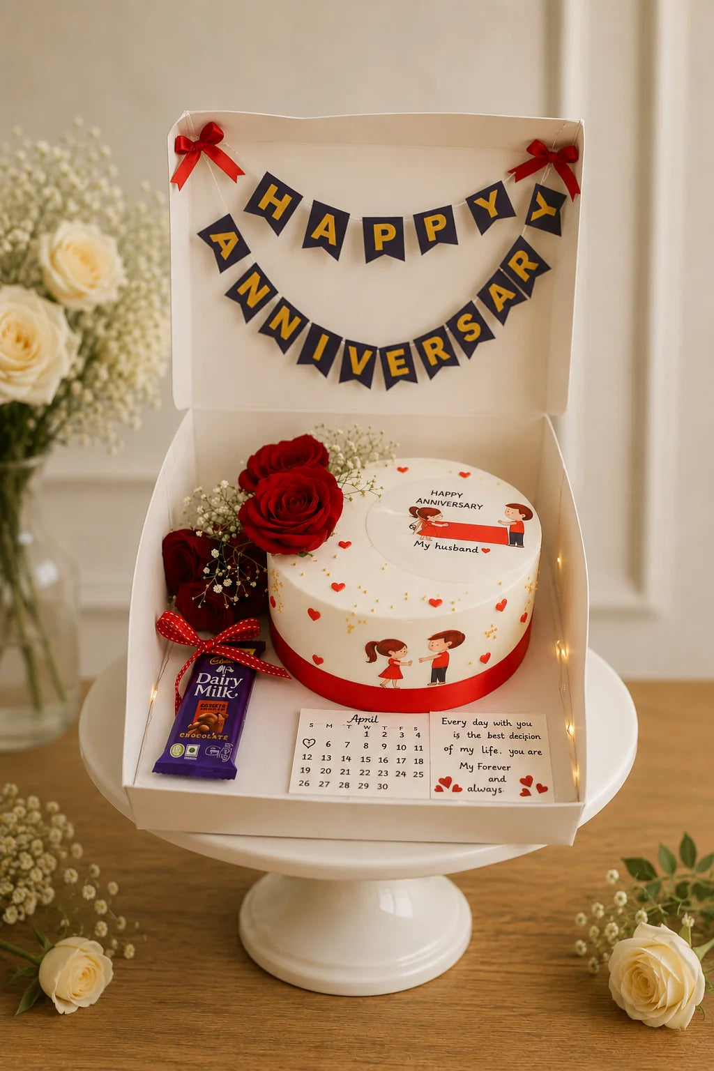 Happy Anniversary Romantic Celebration Hamper with Cake, Roses & Chocolate handcrafted luxury gift hamper by The Baking Kaur Meerut