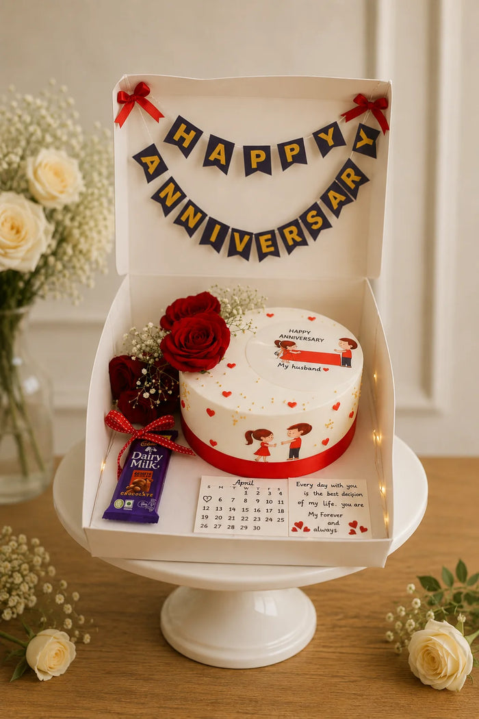 Happy Anniversary Romantic Celebration Hamper with Cake, Roses & Chocolate