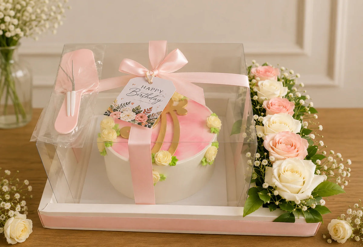Blush Pink Birthday Floral Cake Luxury Hamper handcrafted luxury gift hamper by The Baking Kaur Meerut
