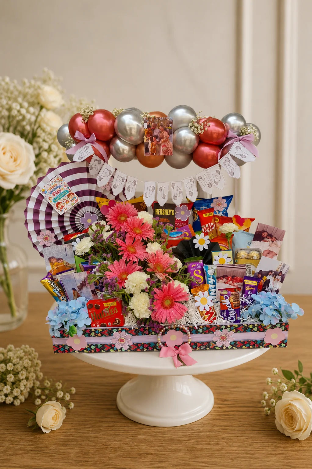 Personalized Birthday Celebration Gourmet & Floral Hamper handcrafted luxury gift hamper by The Baking Kaur Meerut