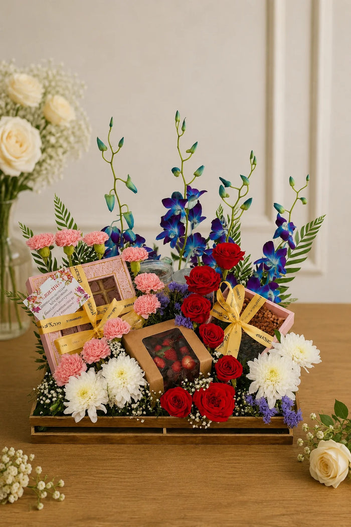 Royal Orchid & Red Rose Fresh Fruit Gourmet Crate