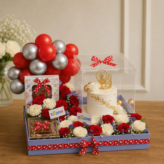 Royal Red Rose & Golden Cake Luxury Gift Hamper