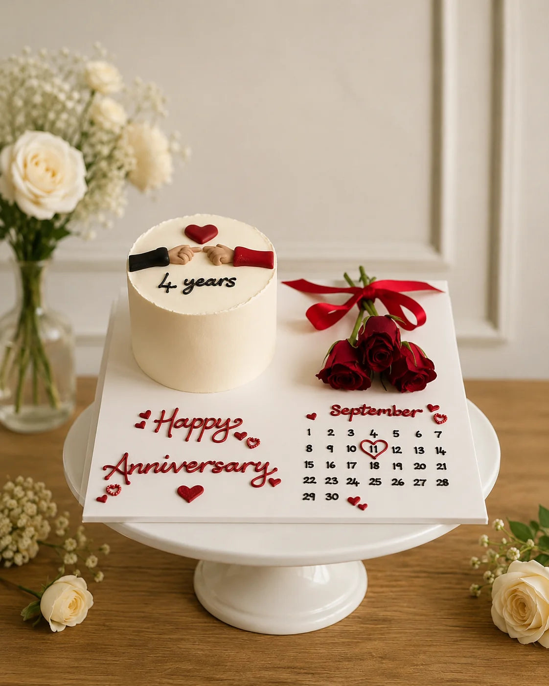 4th Anniversary Minimalist Celebration Cake & Rose Platter handcrafted luxury gift hamper by The Baking Kaur Meerut