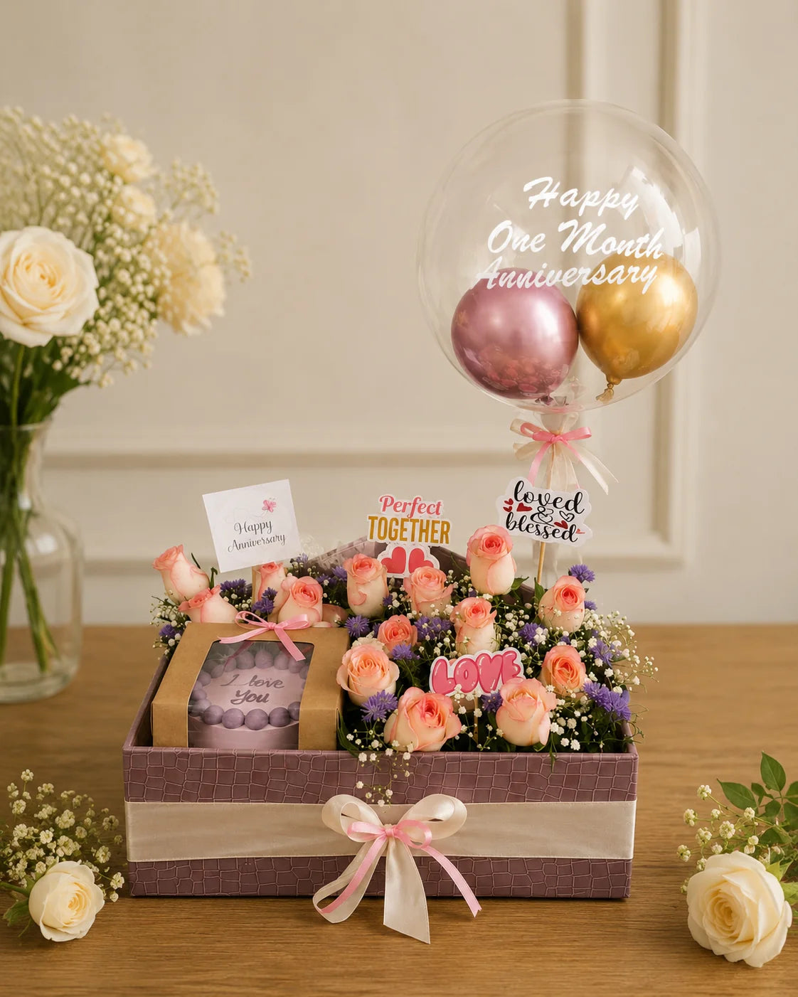 Happy One Month Anniversary Rose & Cake Luxury Hamper handcrafted luxury gift hamper by The Baking Kaur Meerut
