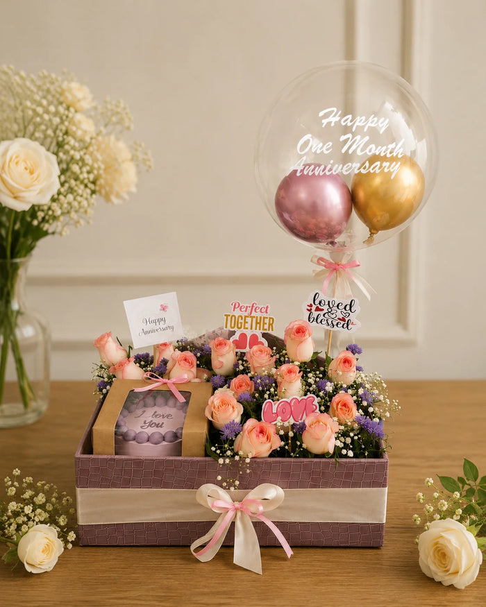 Happy One Month Anniversary Rose & Cake Luxury Hamper