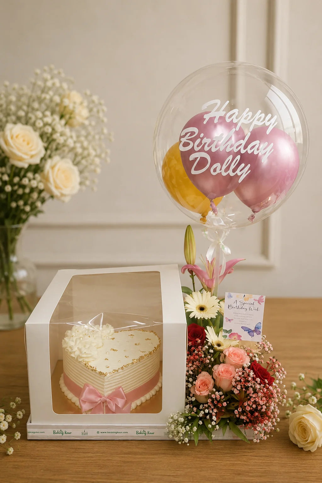 Personalized Heart Cake & Floral Bubble Balloon Birthday Hamper handcrafted luxury gift hamper by The Baking Kaur Meerut