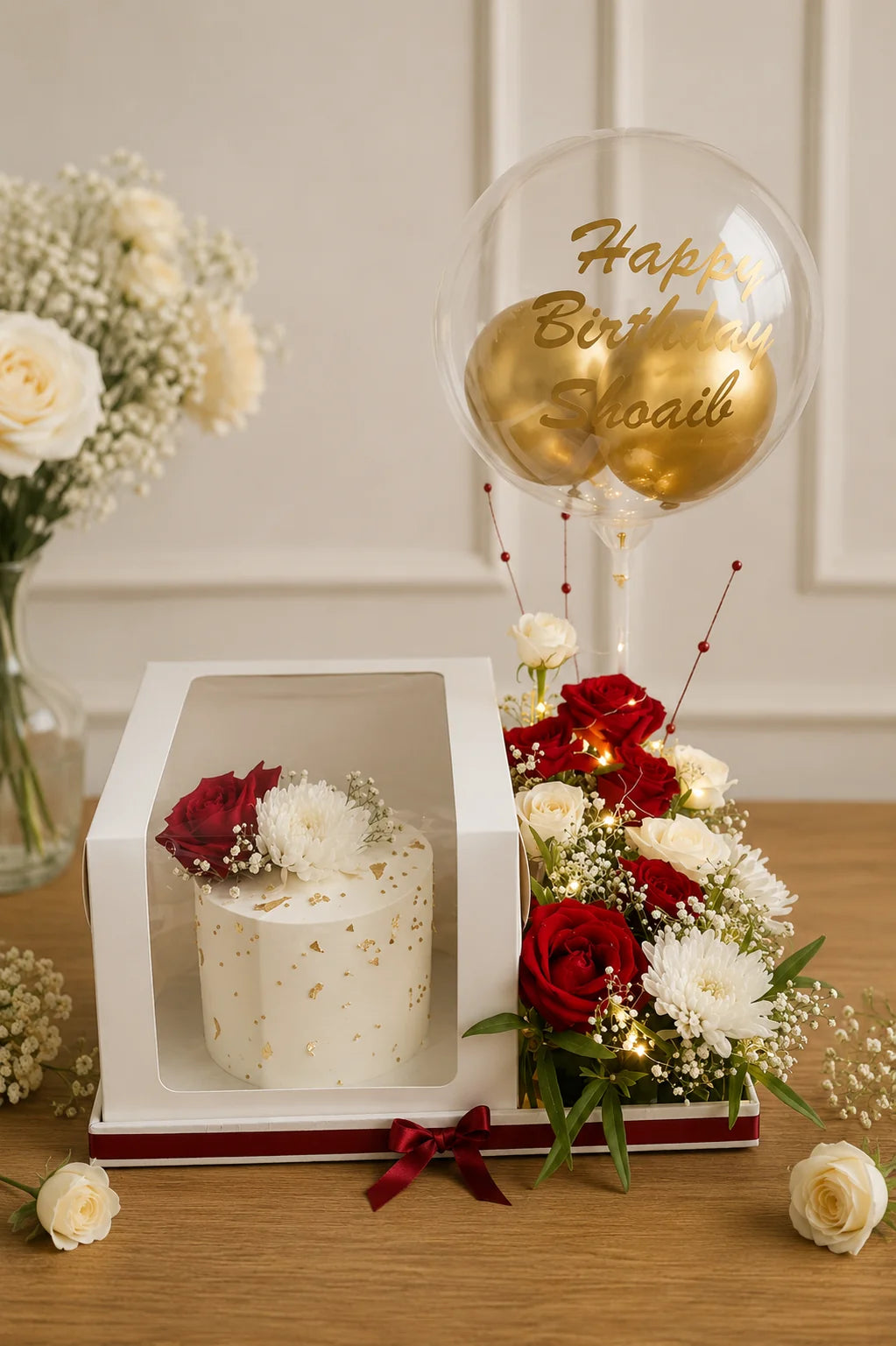 Golden Birthday Balloon & Red Rose Floral Cake Hamper handcrafted luxury gift hamper by The Baking Kaur Meerut