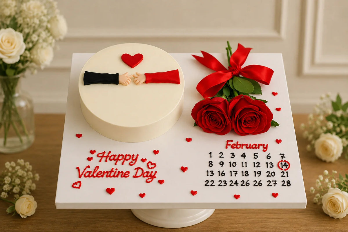 Romantic Valentine Red Roses & Minimalist Cake Luxury Hamper handcrafted luxury gift hamper by The Baking Kaur Meerut