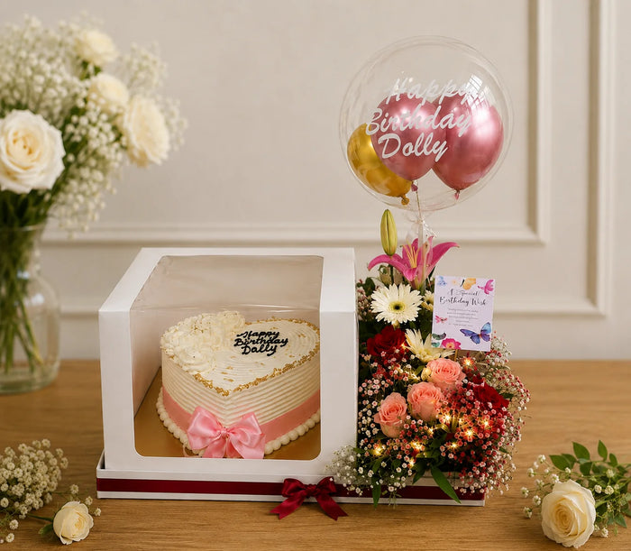 Blush Heart Cake & Floral Balloon Luxury Birthday Hamper
