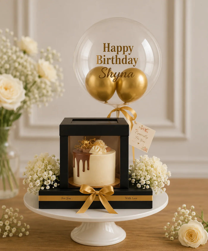 Golden Elegance Shyna Birthday Cake & Balloon Box