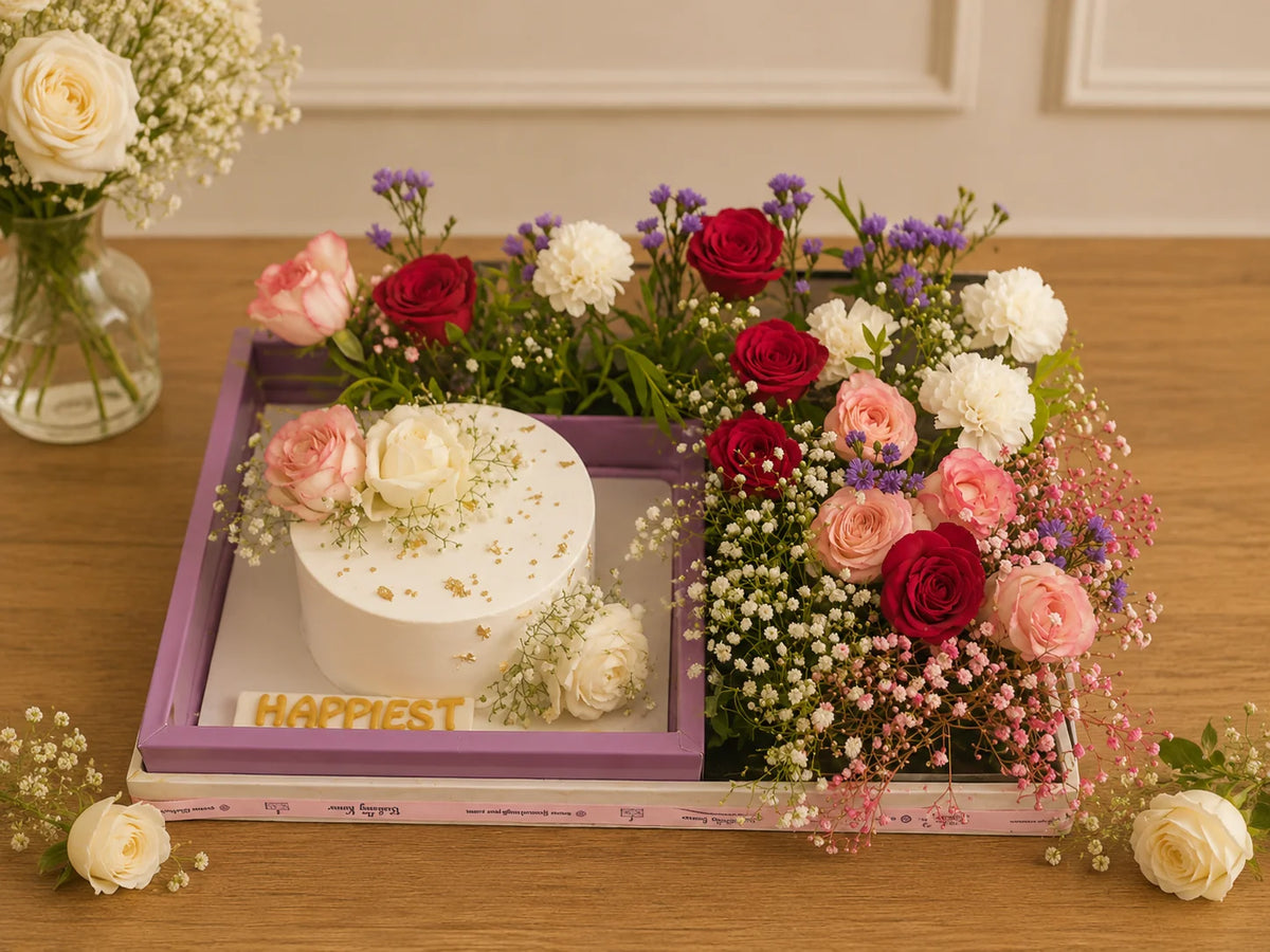 Happiest Birthday Floral & Cake Luxury Hamper handcrafted luxury gift hamper by The Baking Kaur Meerut