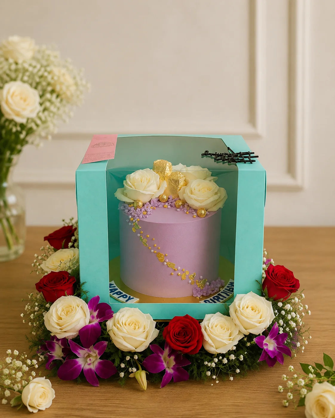 Opulent Lavender Pastel Floral Cake & Rose Wreath Gift Hamper handcrafted luxury gift hamper by The Baking Kaur Meerut