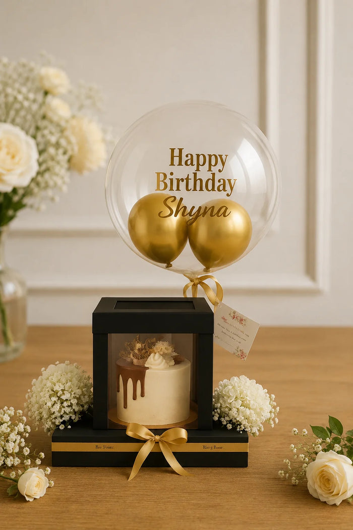 Gold & Black Customized Balloon Cake Box Luxury Hamper