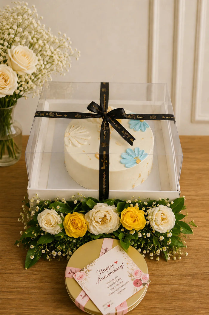 Floral Elegance Anniversary Cake & Fresh Rose Hamper