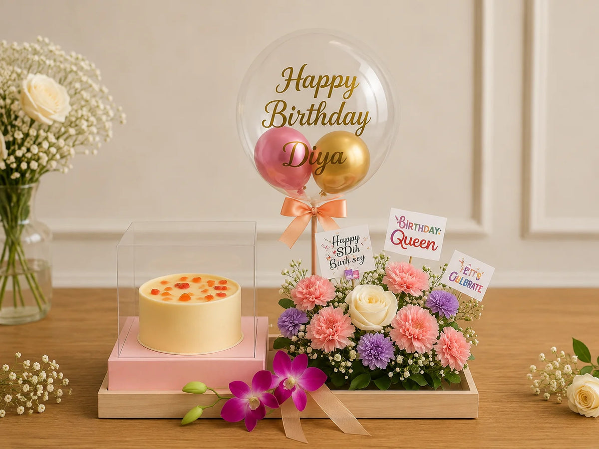 Pastel Floral & Cake Celebration Hamper handcrafted luxury gift hamper by The Baking Kaur Meerut