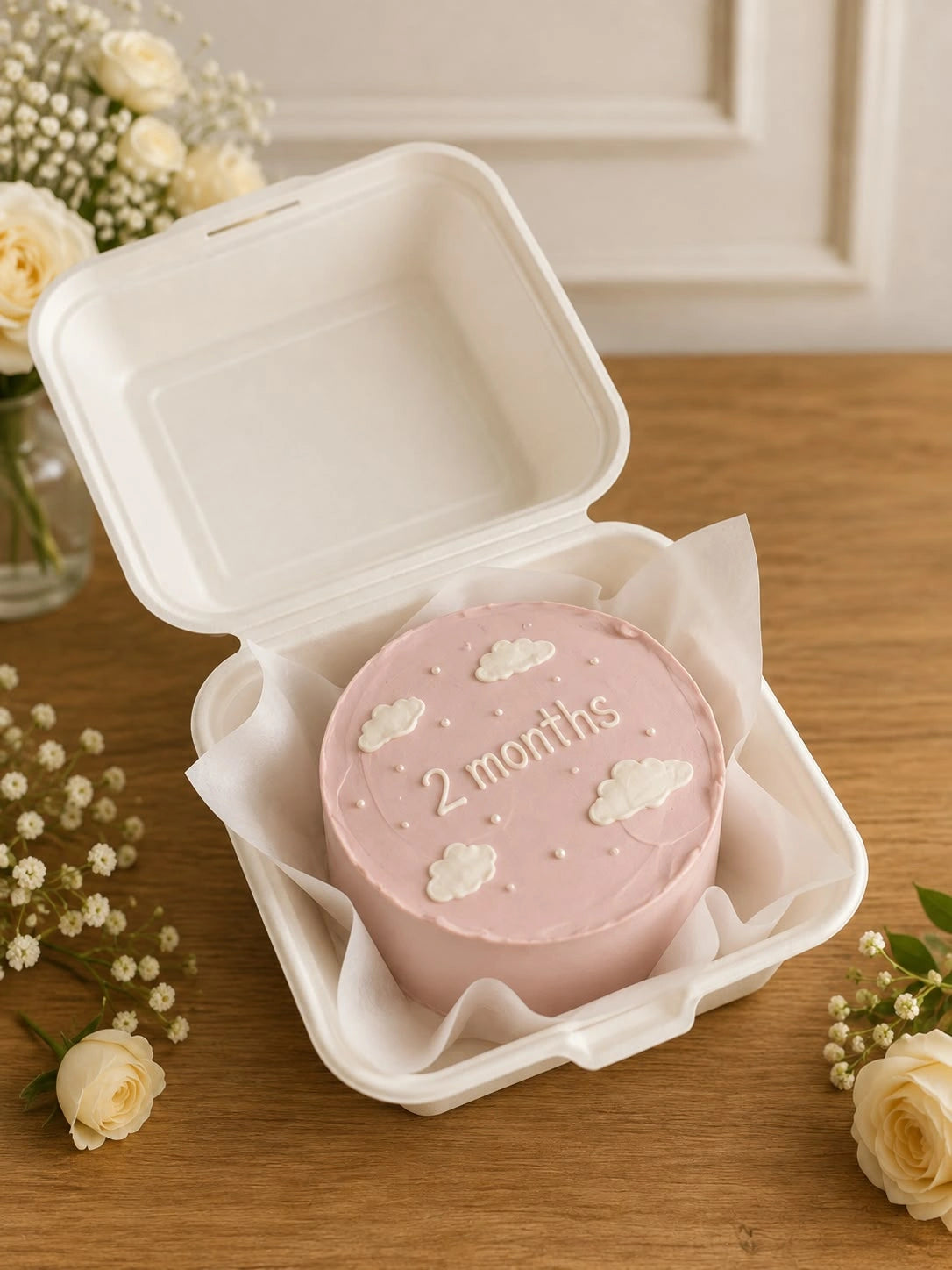Dusty pink single-tier bento cake decorated with white piped clouds and 2 months milestone lettering