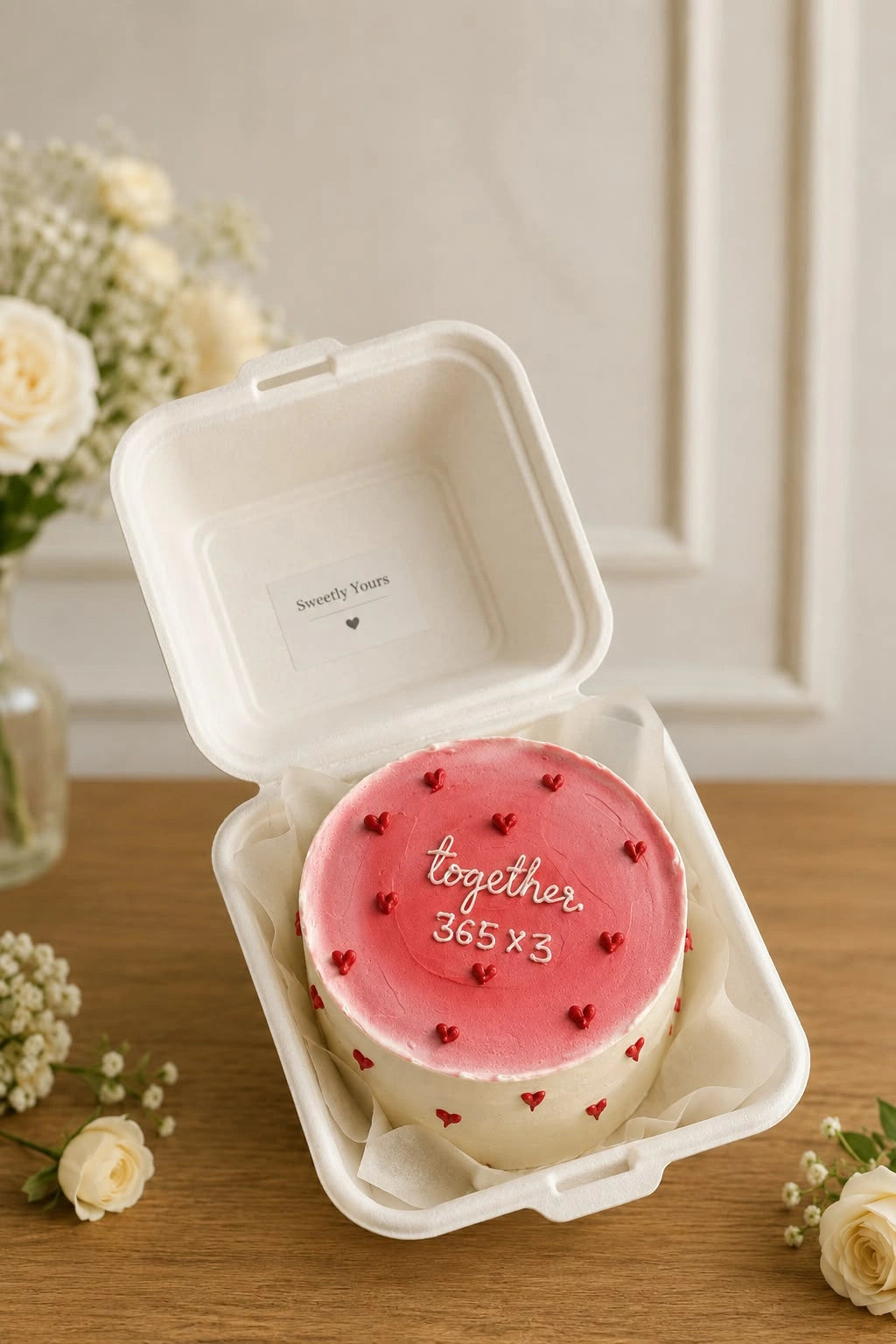 Berry pink ombre bento cake in clamshell container with together 365 x 3 script and red hearts