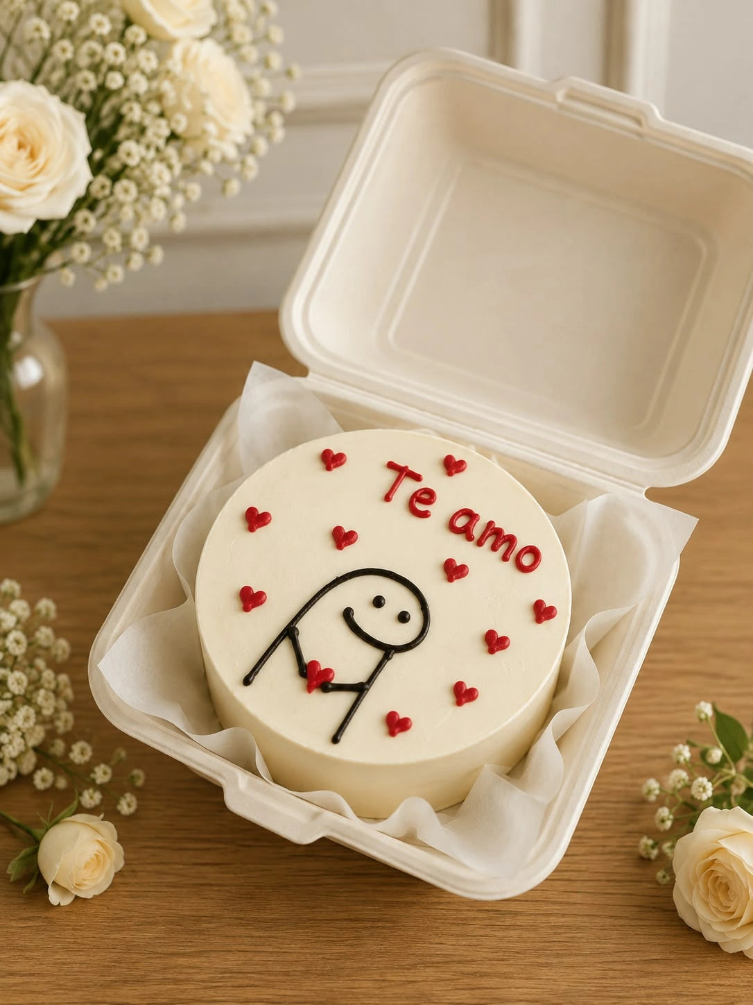 Round ivory bento cake featuring popular flork stick figure holding heart with Te Amo lettering
