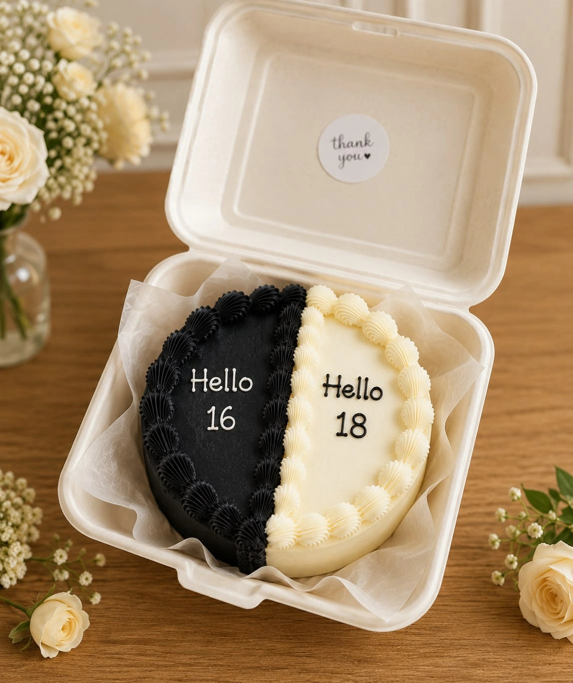 Split half-and-half black and white bento cake in clamshell container with dual birthday milestone lettering