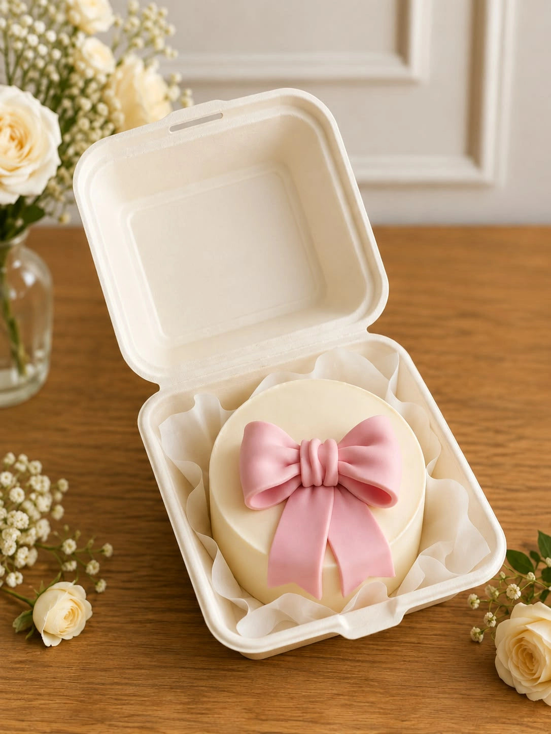 Ivory bento cake in clamshell box featuring sculptural 3D pink fondant coquette bow centerpiece