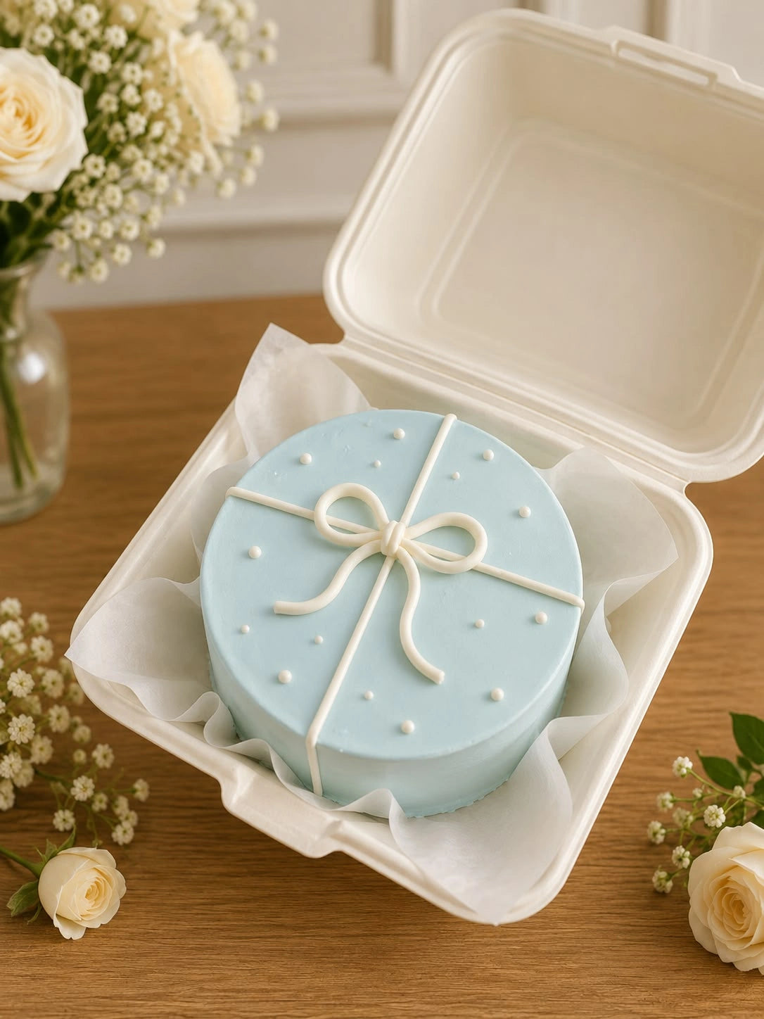Robin egg blue bento cake in clamshell container decorated like a luxury gift box with white piped ribbon and bow
