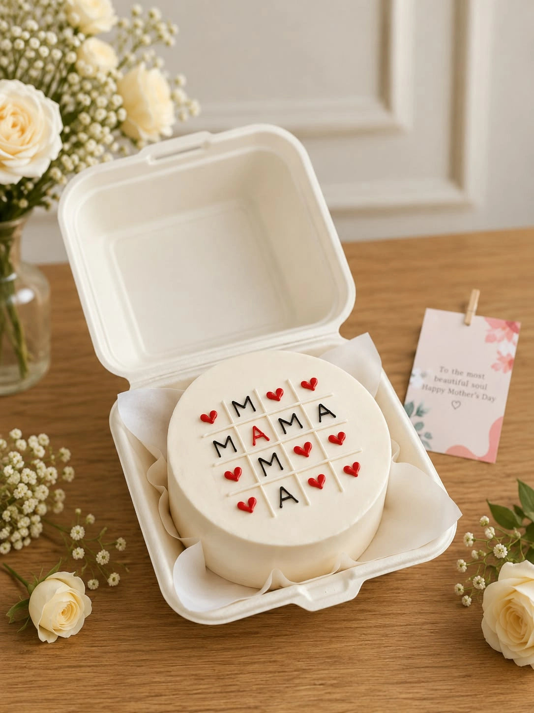 Ivory bento cake in lunchbox container with playful MAMA tic-tac-toe grid winning streak with red hearts