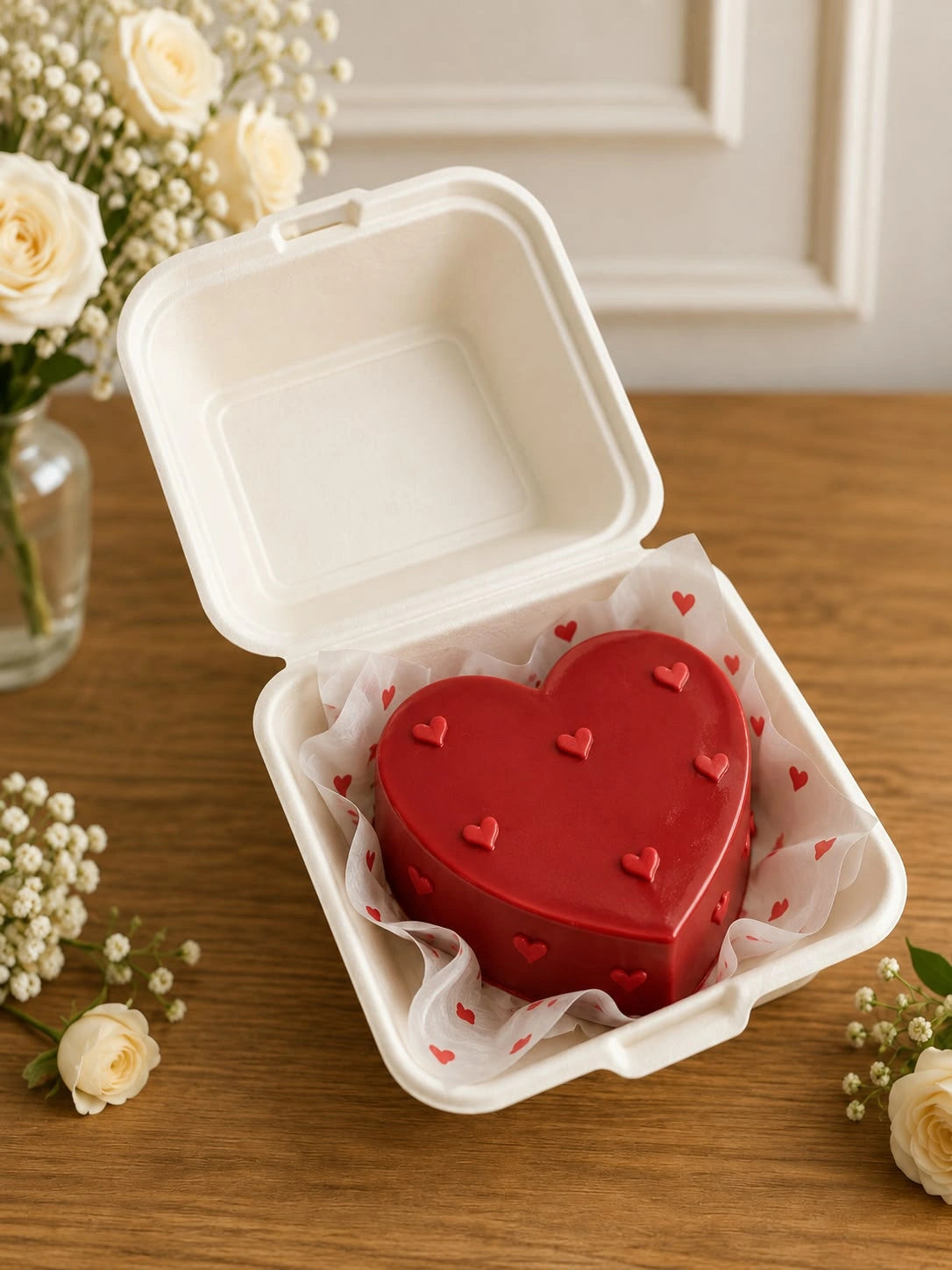 Heart-shaped crimson red bento cake in clamshell container with embossed mini red heart embellishments