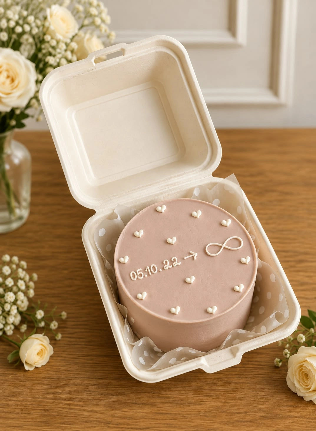 Dusty mauve-taupe bento cake with white piped milestone date leading to an infinity symbol with hearts