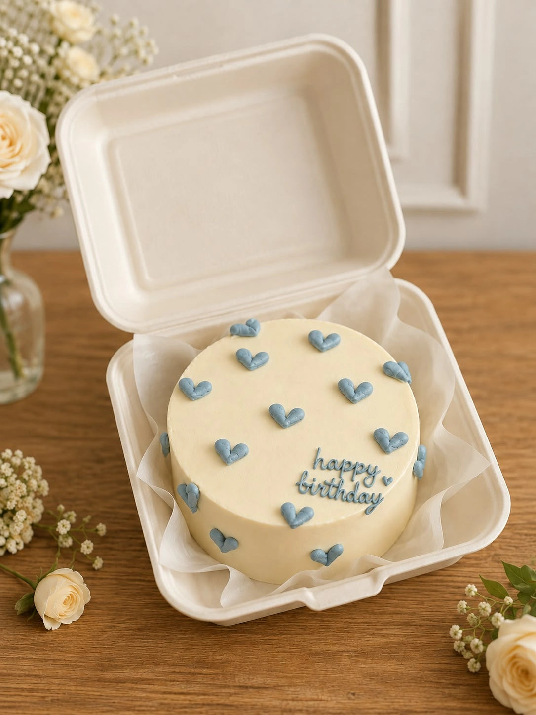 Ivory bento cake in clamshell container with slate blue piped hearts and matching happy birthday script