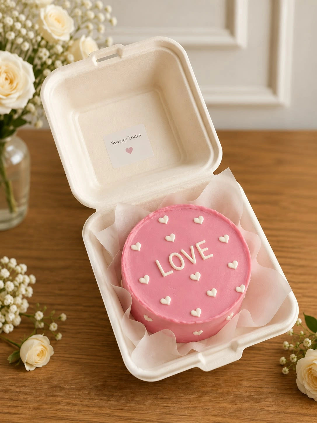 Candy pink bento cake in clamshell container with bold white LOVE lettering and delicate white piped hearts